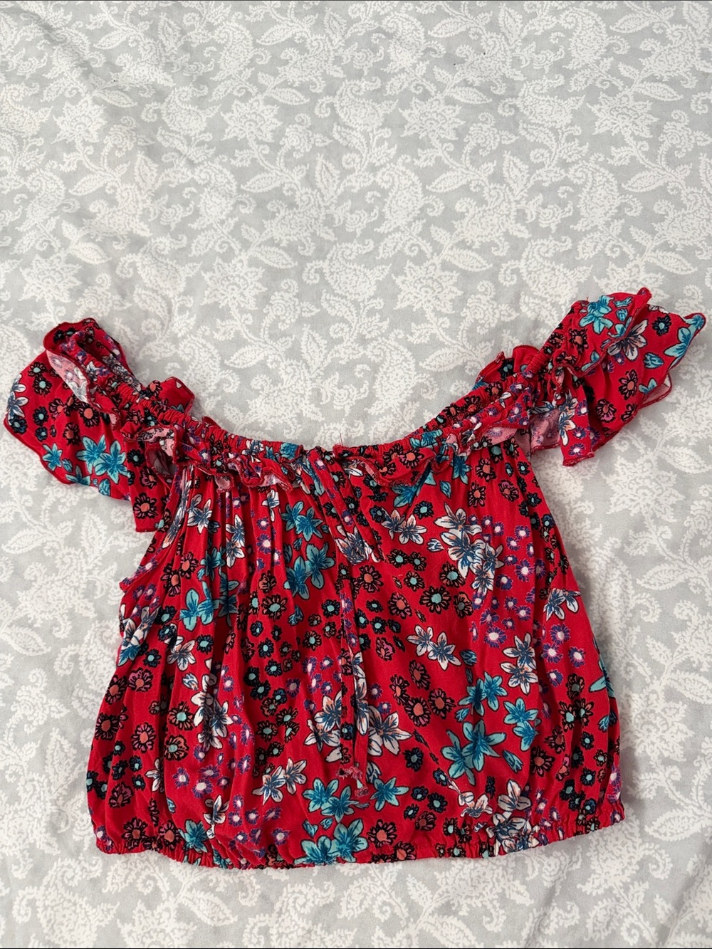 Red Floral Off-the-Shoulder Crop Top with Ruffle Sleeves